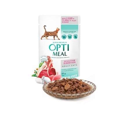 OPTIMEAL Cat Adult Grain Free Sensitive Digestion Lamb & Turkey Fillet in Sauce Våtfôr til katt
